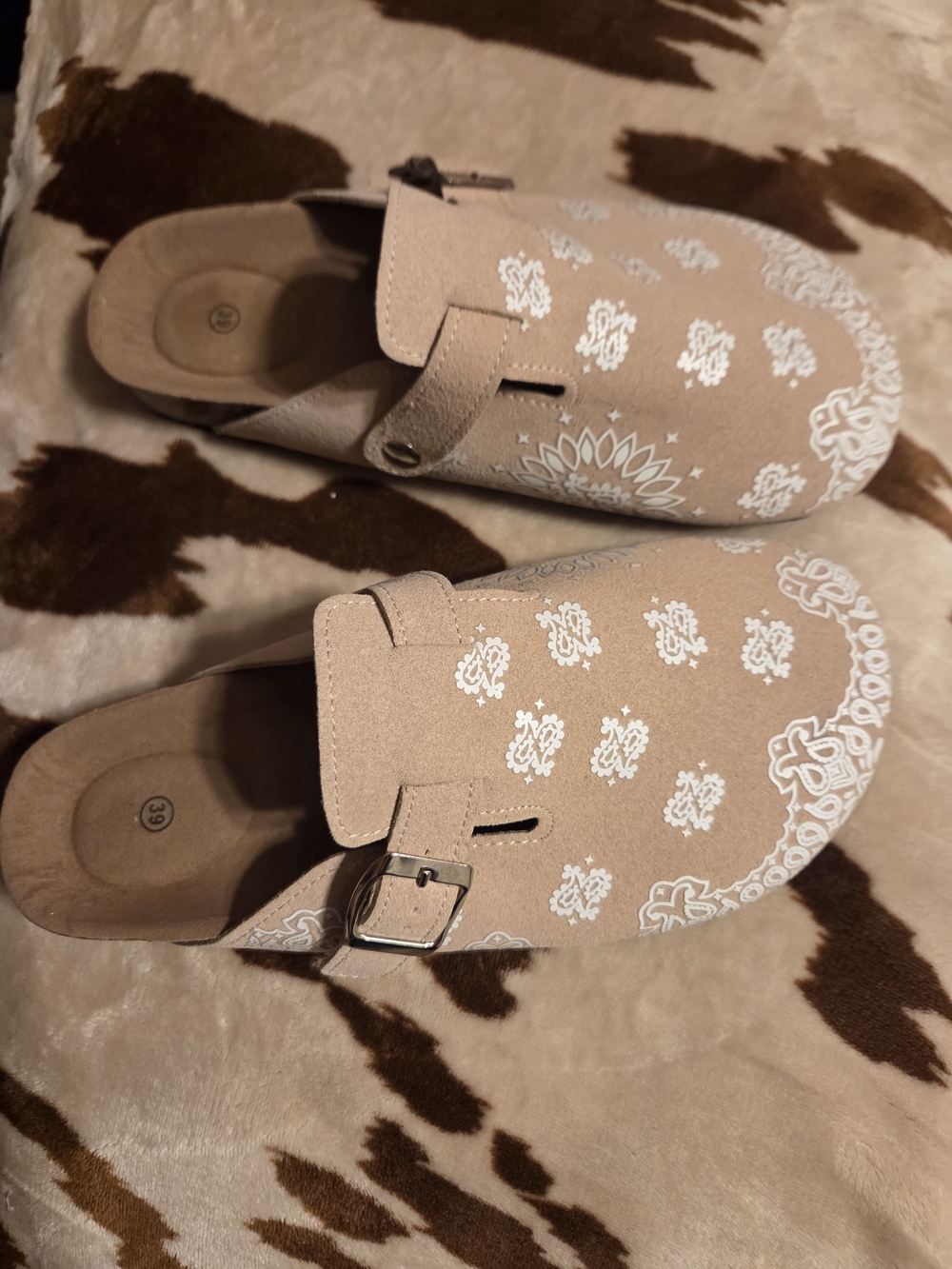 Women’s Beige Slip-On Clog with White Paisley Print